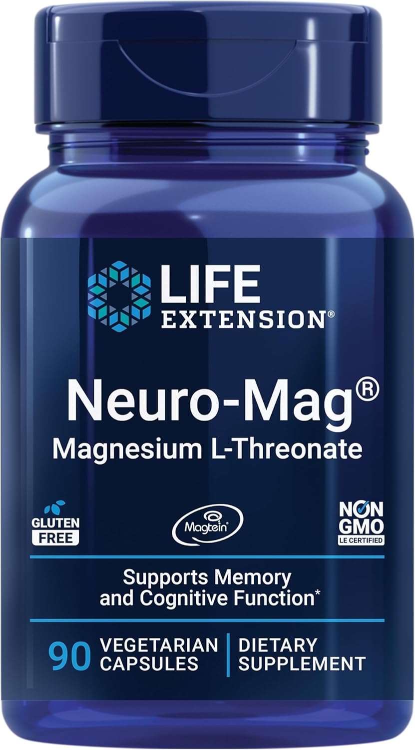 Life Extension Neuro-mag Magnesium L-threonate, Magtein, Magnesium Supplement, Brain Health, Memory & Attention, Gluten Free, Vegetarian, Non-GMO, 90 Vegetarian Capsules Life Extension Neuro-mag Magnesium L-threonate, Magtein, Magnesium Supplement, Brain Health, Memory & Attention, Gluten Free, Vegetarian, Non-GMO, 90 Vegetarian Capsules