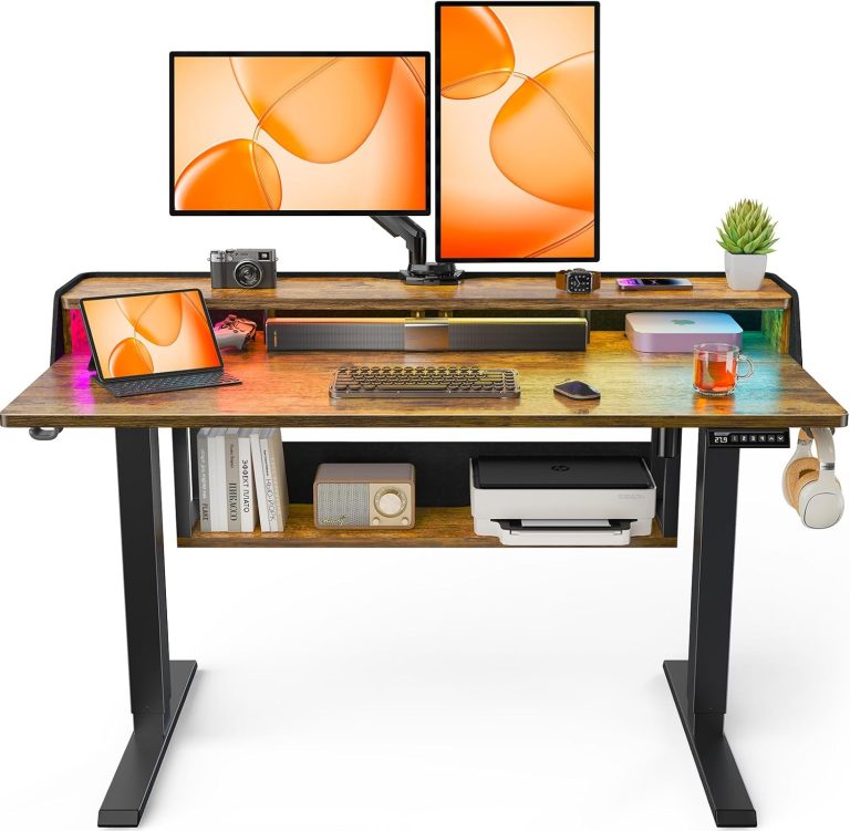 ErGear Standing Desk, 48×24 Inch Electric Standing Desk with Shelves, Height Adjustable Desk with Monitor Stand and Storage, Gaming Sit Stand Up Desk with LED Light for Home Office, Vintage Brown