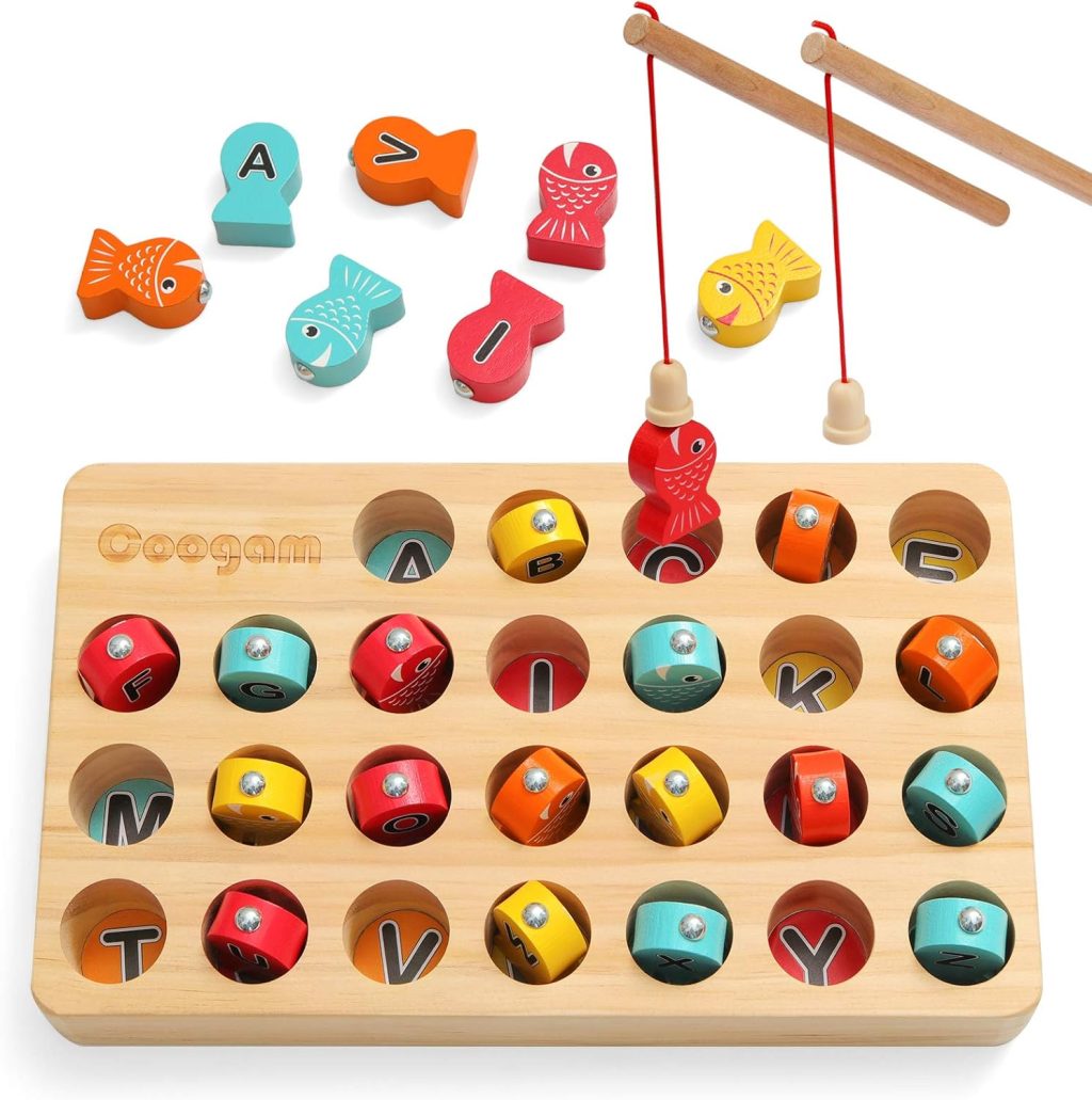 Coogam Wooden Magnetic Fishing Game, Fine Motor Skill Toy ABC Alphabet Color Sorting Puzzle, Montessori Letters Cognition Preschool Gift for Years Old Kid Early Learning with 2 Pole Coogam Wooden Magnetic Fishing Game, Fine Motor Skill Toy ABC Alphabet Color Sorting Puzzle, Montessori Letters Cognition Preschool Gift for Years Old Kid Early Learning with 2 Pole