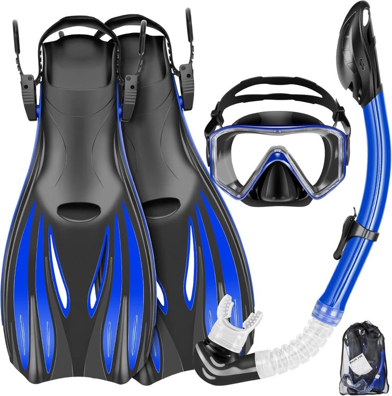 Snorkeling Gear for Adults Kids – Mask Fins Snorkel Set with Panoramic View Snorkel Mask Anti-Fog Anti-Leak, Dry Top Snorkel, Dive Flippers and Gear Bag