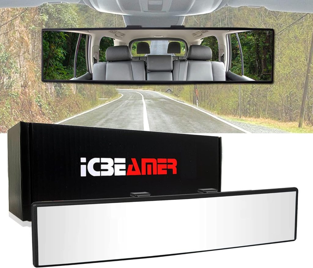 ICBEAMER 10.6″ Car Rear View Mirror, HD Clear Tint, Panoramic Wide Angle Convex Surface, 2 Interior Retractable Rubber Clips, Anti Glare, Automotive Accessories Universal for Truck, Car, SUV, 1 Pack