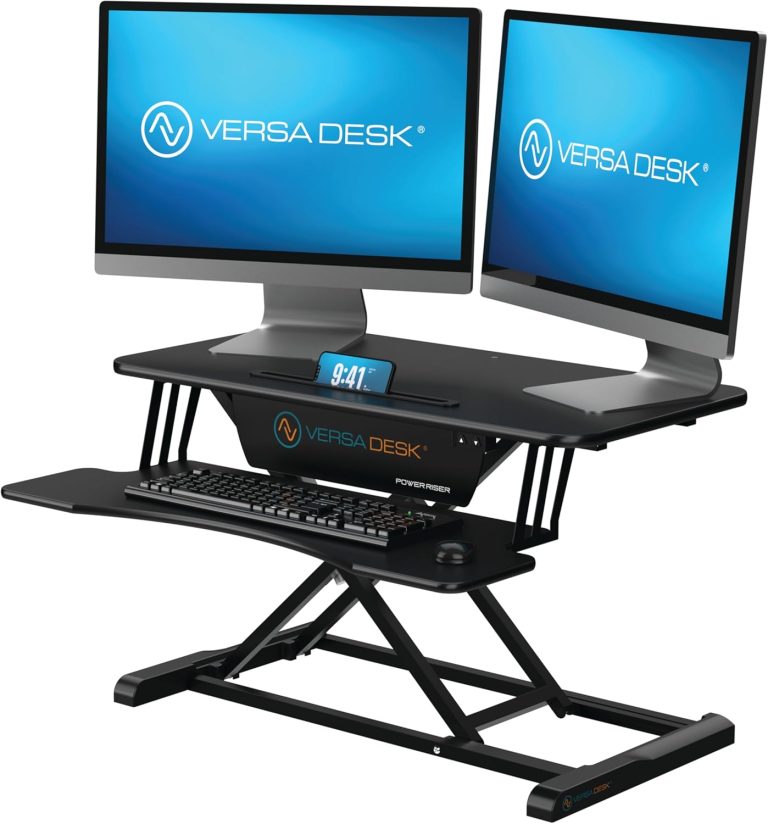 Power Riser 32″ Electric Standing Desk Converter, Sit to Stand Up Height Adjustable Desk Riser, 2-Tier Tabletop Laptop and Dual Monitor Desktop Workstation with Wide Keyboard Tray, Black