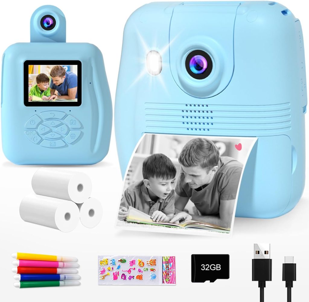 GKTZ Kids Camera Instant Print – 1080P HD Instant Print Photo – Christmas Birthday Gifts for Age 4 5 6 7 8 9 10 Girls Boys – Portable Toy with 3 Rolls Photo Paper, 32GB Card, 5 Color Pens – Blue
