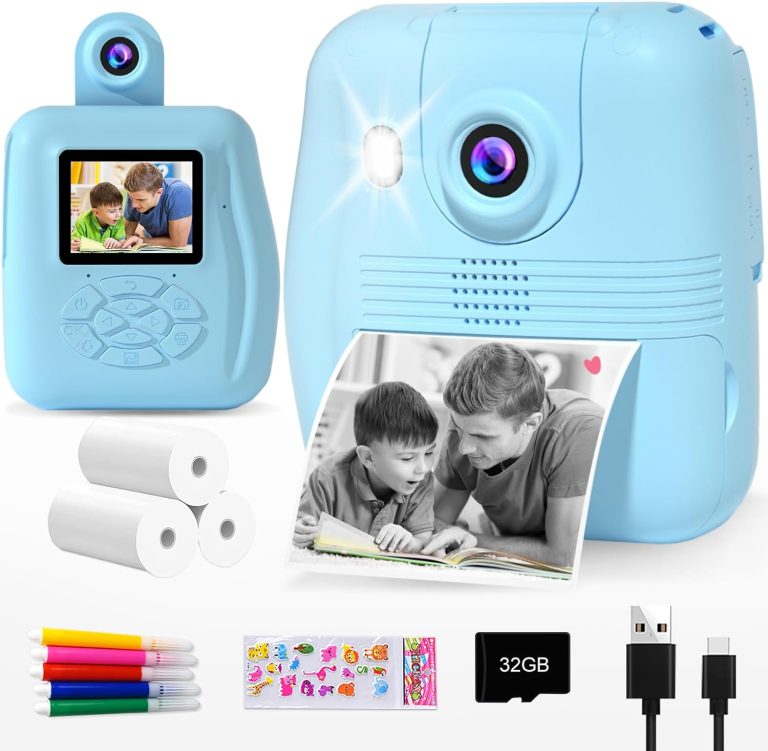 GKTZ Kids Camera Instant Print – 1080P HD Instant Print Photo – Christmas Birthday Gifts for Age 4 5 6 7 8 9 10 Girls Boys – Portable Toy with 3 Rolls Photo Paper, 32GB Card, 5 Color Pens – Blue