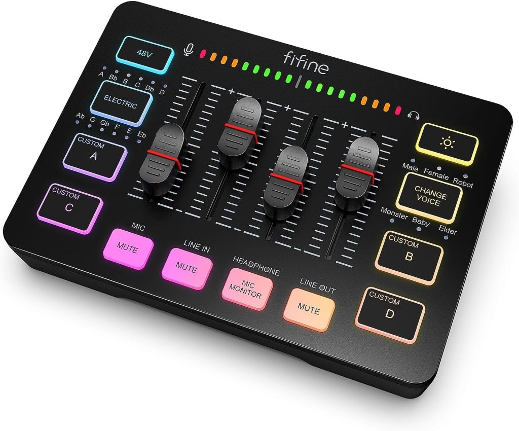 FIFINE Gaming Audio Mixer, Streaming RGB PC Mixer with XLR Microphone Interface, Individual Control, Volume Fader, Mute Button, 48V Phantom Power, for Podcast/Recording/Vocal/Game Voice-AmpliGame SC3 FIFINE Gaming Audio Mixer, Streaming RGB PC Mixer with XLR Microphone Interface, Individual Control, Volume Fader, Mute Button, 48V Phantom Power, for Podcast/Recording/Vocal/Game Voice-AmpliGame SC3