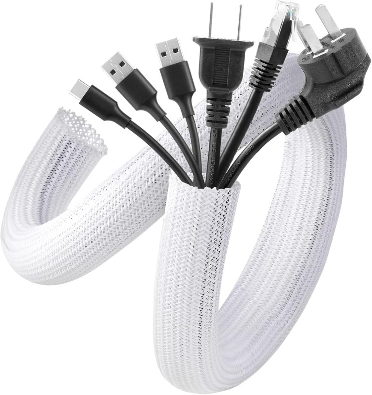 AGPTEK White Cable Sleeve Cover, 2 Pack 5ft – 1.2 inch Cord Management Wire Organizer Under Desk, Home Office Computer Wire Cover Hider Cord Protector, Protect Cables from Pet Cat Dog Chewing, White