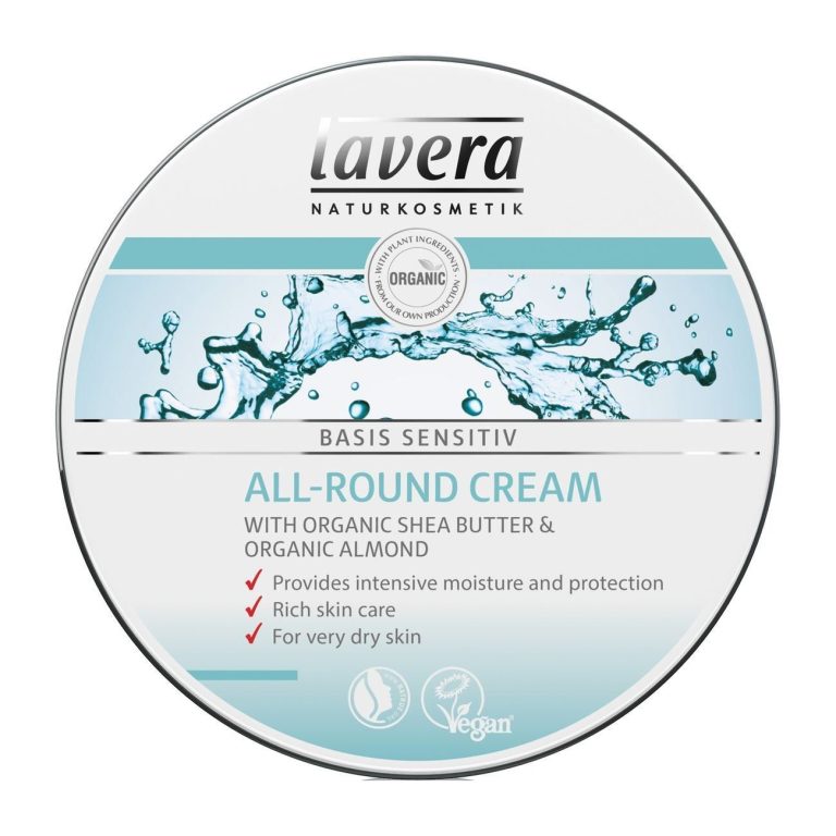 lavera Basis Sensitive All Purpose Cream – Body Cream with Organic Aloe Vera & Almond Oil – Intensive Care for Dry Skin – Moisturizing Face Cream – PETA Certified – Vegan – Made in Germany – 5.1 Fl Oz