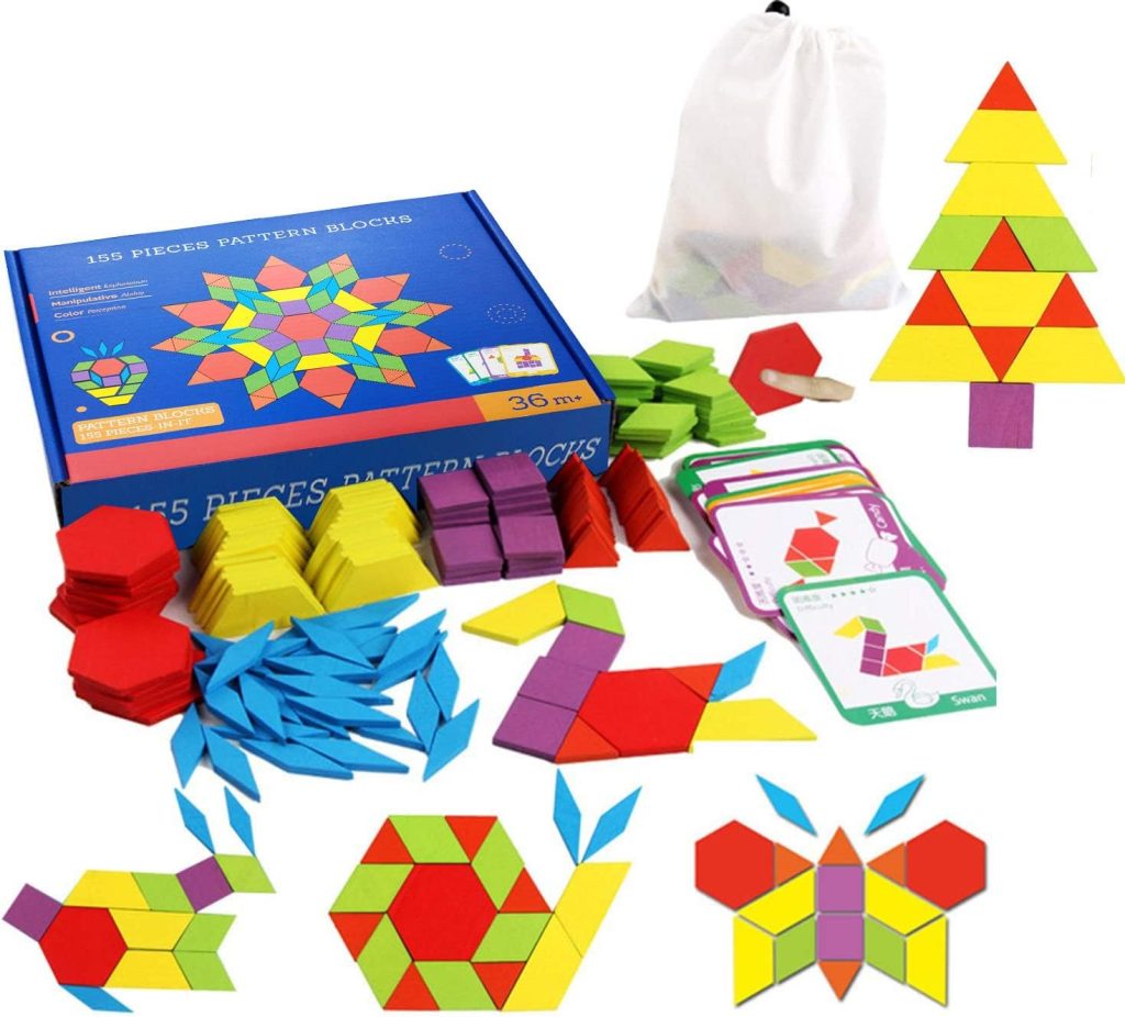 Set of 155 Wooden Pattern Blocks Geometric Manipulative Shape Puzzle Kindergarten Graphical Classic Educational Montessori Tangram Toys for Kids Ages 3+ Jigsaw Puzzles Gift with 24 Pcs Design Cards Set of 155 Wooden Pattern Blocks Geometric Manipulative Shape Puzzle Kindergarten Graphical Classic Educational Montessori Tangram Toys for Kids Ages 3+ Jigsaw Puzzles Gift with 24 Pcs Design Cards