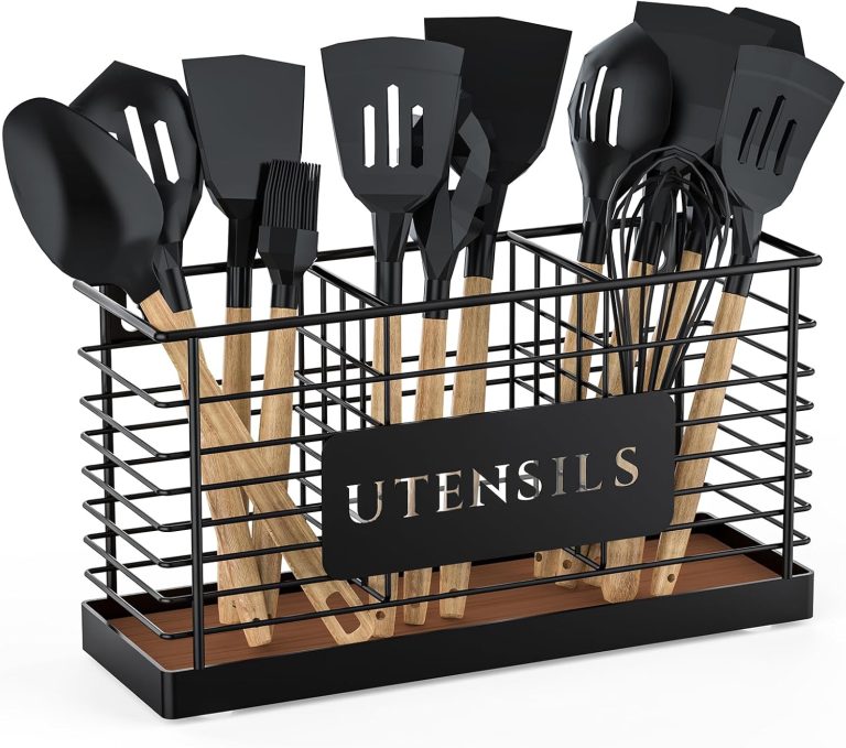 THYGIFTREE Utensil Holder for Kitchen Counter Large Black Metal Cooking Utensil Organizer 3 Compartments for Countertop Kitchen Tool Spatula Holder Wood Base