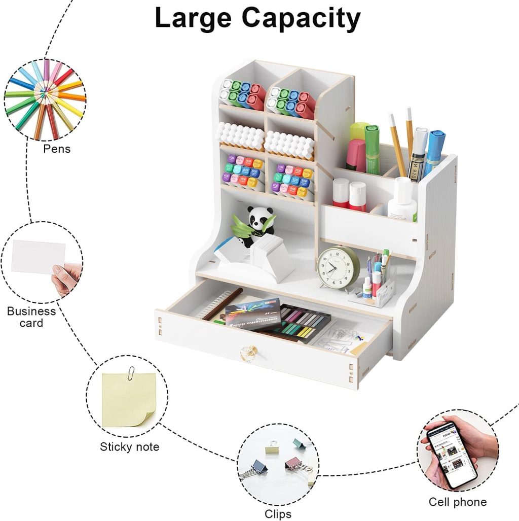 Updated Wooden Desk Organizer with Drawer, DIY Pencil Holder Desk Tidy Caddy Office Stationery Desktop Art Supply Organizer for Home Office Supplies (JB17 White) Updated Wooden Desk Organizer with Drawer, DIY Pencil Holder Desk Tidy Caddy Office Stationery Desktop Art Supply Organizer for Home Office Supplies (JB17 White)