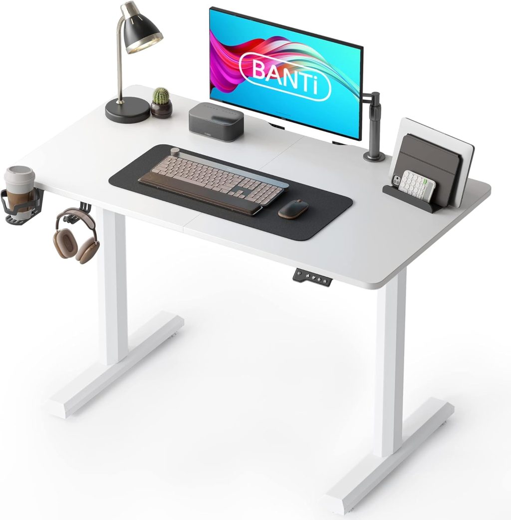 BANTI 44″x24″ Standing Desk, Electric Stand up Height Adjustable Home Office Table, Sit Stand Desk with Splice Board, White Frame & White Top BANTI 44″x24″ Standing Desk, Electric Stand up Height Adjustable Home Office Table, Sit Stand Desk with Splice Board, White Frame & White Top