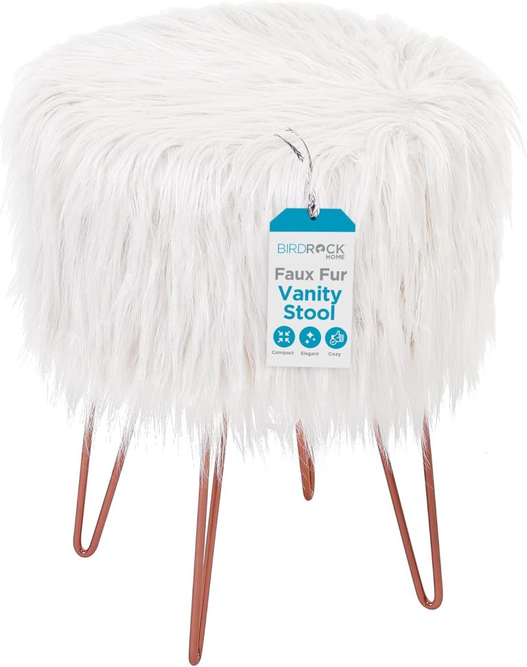 BIRDROCK HOME White Faux Fur Vanity Stool Chair – Soft Furry Compact Padded Seat – Vanity, Living Room, Bedroom and Kids Room Chairs – Hair Pin Metal Legs Upholstered Decorative Furniture Foot Rest
