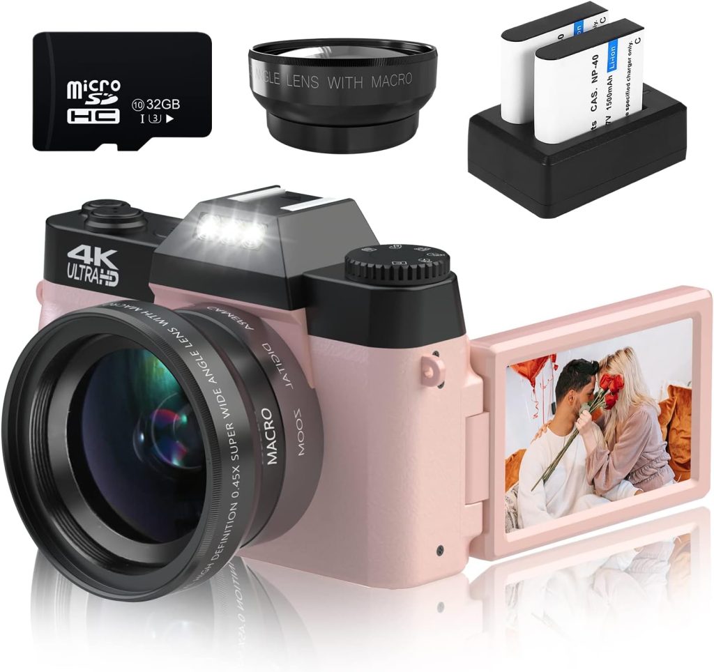 VETEK Digital Cameras for Photography, 4K 48MP Vlogging Camera 16X Digital Zoom Manual Focus Students Compact Camera with 52mm Wide-Angle Lens & Macro Lens, 32G Micro Card and 2 Batteries (Pink) VETEK Digital Cameras for Photography, 4K 48MP Vlogging Camera 16X Digital Zoom Manual Focus Students Compact Camera with 52mm Wide-Angle Lens & Macro Lens, 32G Micro Card and 2 Batteries (Pink)