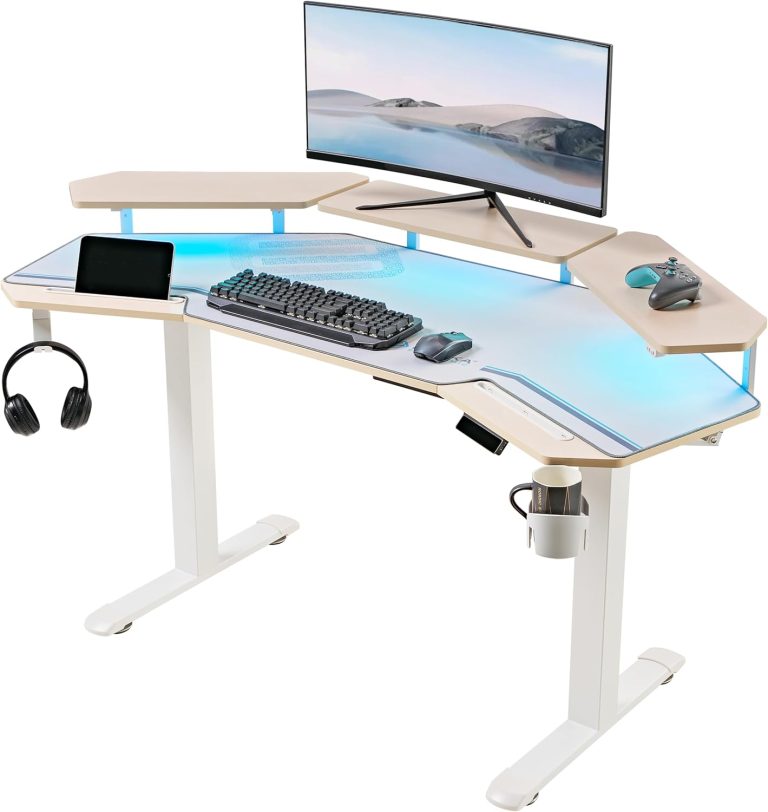 EUREKA ERGONOMIC Standing Desk, 63″ Electric Adjustable Height Desk,Computer Desk Wing Shaped Desk Large Music Studio Desk, LED Monitor Stands, Dual Motor&Slot, Maple