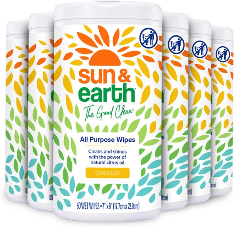 All Purpose Cleaner Wipes Bulk by Sun & Earth, 480 total wipes, Pack of 6, All Natural Citrus Scent, Plant Based Ingredients, Safe on all Household hard surfaces, No Phosphates, Parabens or Sulfates,80 Count (Pack of 6)