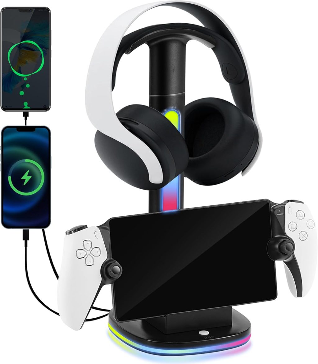 Charging Stand for PlayStation Portal with RGB Headphone Stand, Gaming Headset Stand with 2 USB Charging Ports, Charger Dock Station for PlayStation Portal Remote Player Accessories Charging Stand for PlayStation Portal with RGB Headphone Stand, Gaming Headset Stand with 2 USB Charging Ports, Charger Dock Station for PlayStation Portal Remote Player Accessories