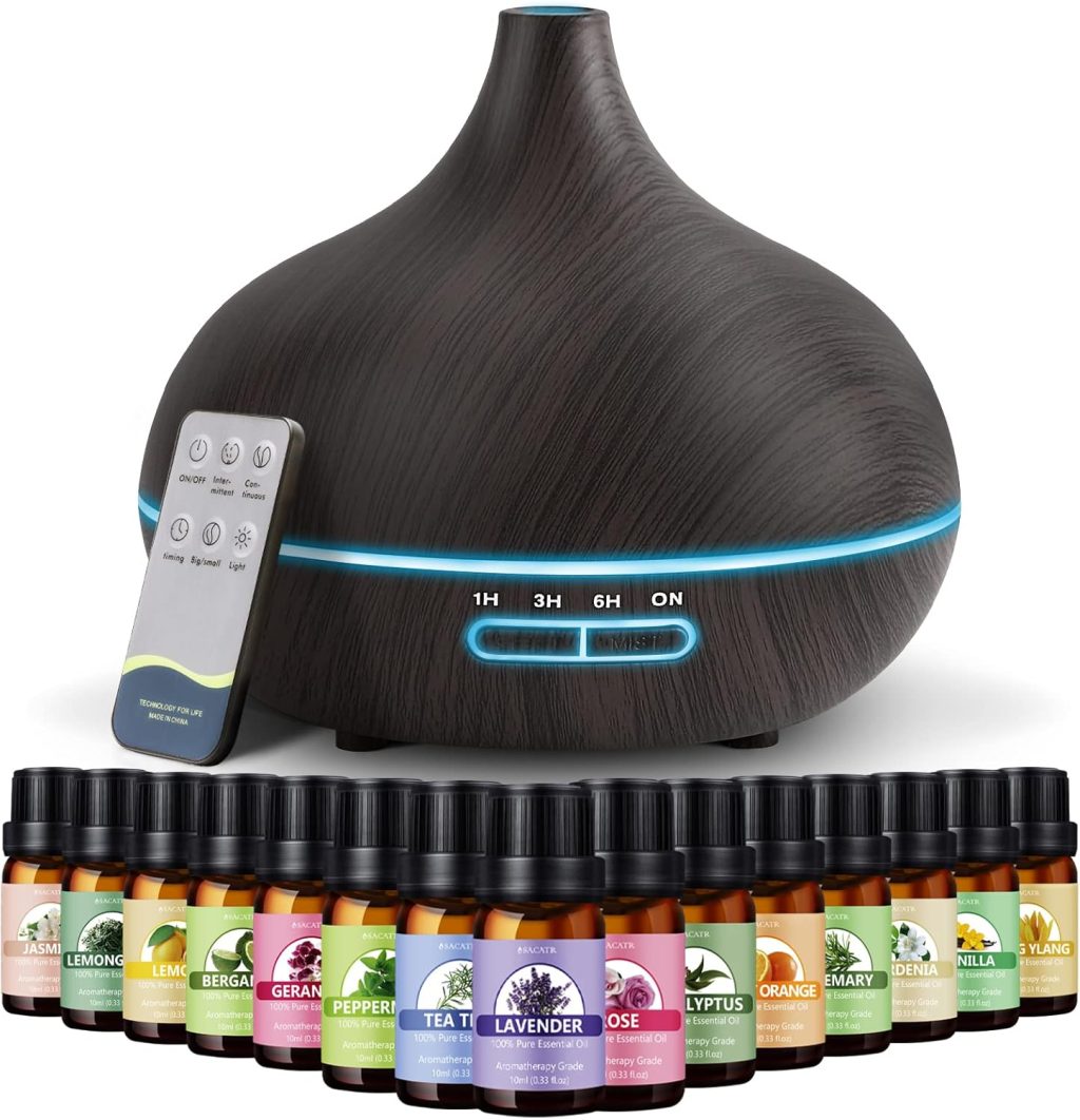 SACATR 550ml Oil Diffuser with 15x10mL Essential Oils, Essential Oil Diffusers with Remote Control, Aromatherapy Diffuser with Ultrasonic Technology for Home Office SACATR 550ml Oil Diffuser with 15x10mL Essential Oils, Essential Oil Diffusers with Remote Control, Aromatherapy Diffuser with Ultrasonic Technology for Home Office