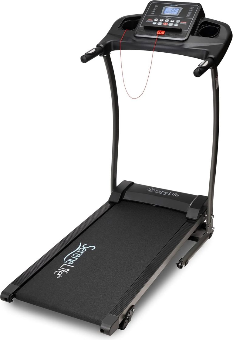 SereneLife Electric Folding Treadmill Exercise Machine – Smart Compact Digital Fitness Treadmill Workout Trainer w/Bluetooth App Sync, Manual Incline Adjustment, for Walking, Running, Gym
