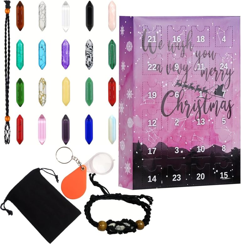 Crystal Advent Calendar 2024,Crystals Christmas Countdown,24 Days of Crystals and Healing Stones Kit with Crystal Necklace Bracelet Holder,Christmas Countdown Gifts for Adults and Teenagers(Pink)