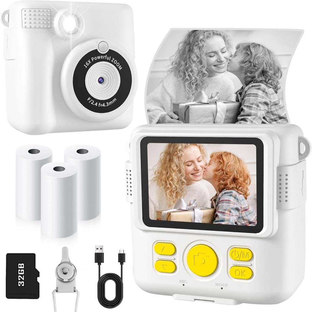 Instant Print Camera for Kids with 3 Rolls of Printer Paper, 1080P Toddler Digital Camera Toys for Age 3-12 with 32GB SD Card, Christmas & Birthday Gifts for 3 4 5 6 7 8 Year Old Girls & Boys (White) Instant Print Camera for Kids with 3 Rolls of Printer Paper, 1080P Toddler Digital Camera Toys for Age 3-12 with 32GB SD Card, Christmas & Birthday Gifts for 3 4 5 6 7 8 Year Old Girls & Boys (White)