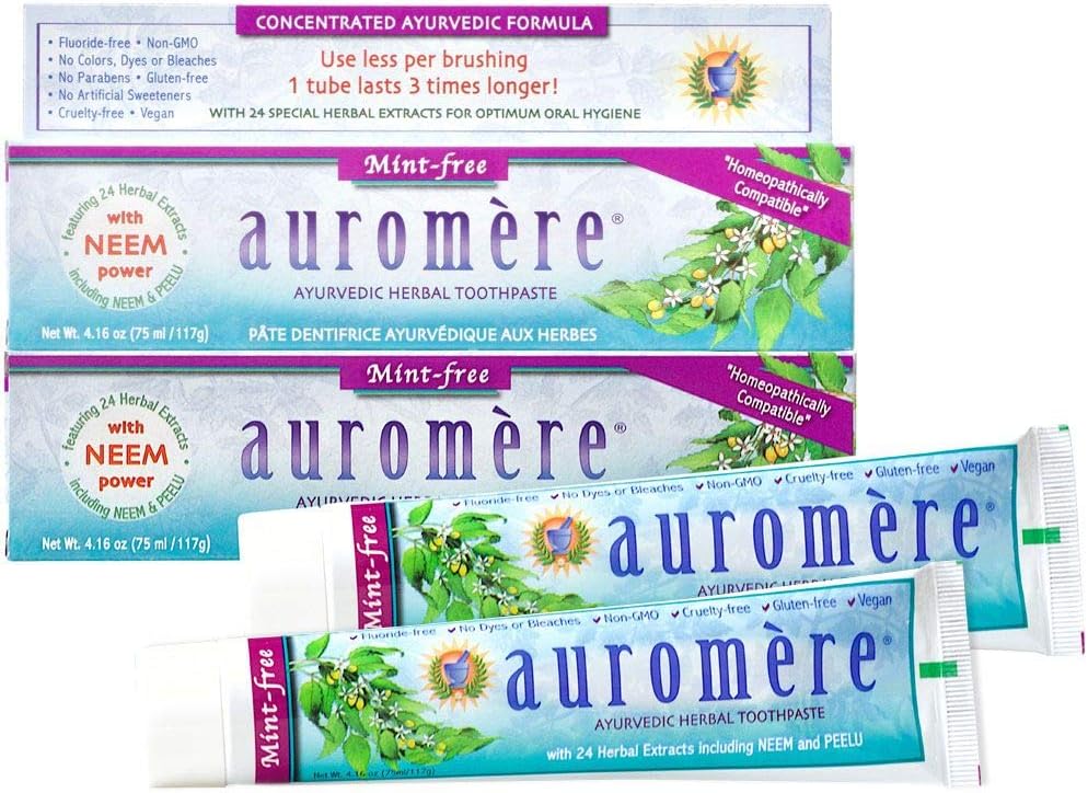 Auromere Ayurvedic Herbal Toothpaste, Mint Free – Vegan, Natural, Non GMO, Fluoride Free, Gluten Free, with Neem & Peelu (4.16 oz), 2 Pack Auromere Ayurvedic Herbal Toothpaste, Mint Free – Vegan, Natural, Non GMO, Fluoride Free, Gluten Free, with Neem & Peelu (4.16 oz), 2 Pack