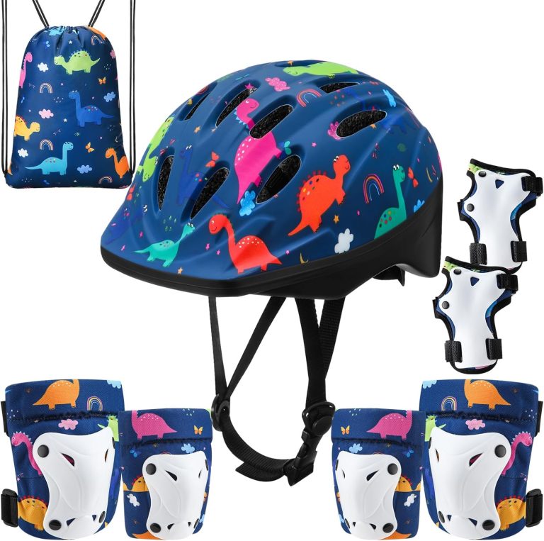 Kids Bike Helmet with Knee and Elbow Pads Wrist Guards Set with Drawstring Bag Adjustable Sports Protective Gear Set for Youth Age 3-8 Years, 14 Vents for Multiple Sports(Dinosaur)