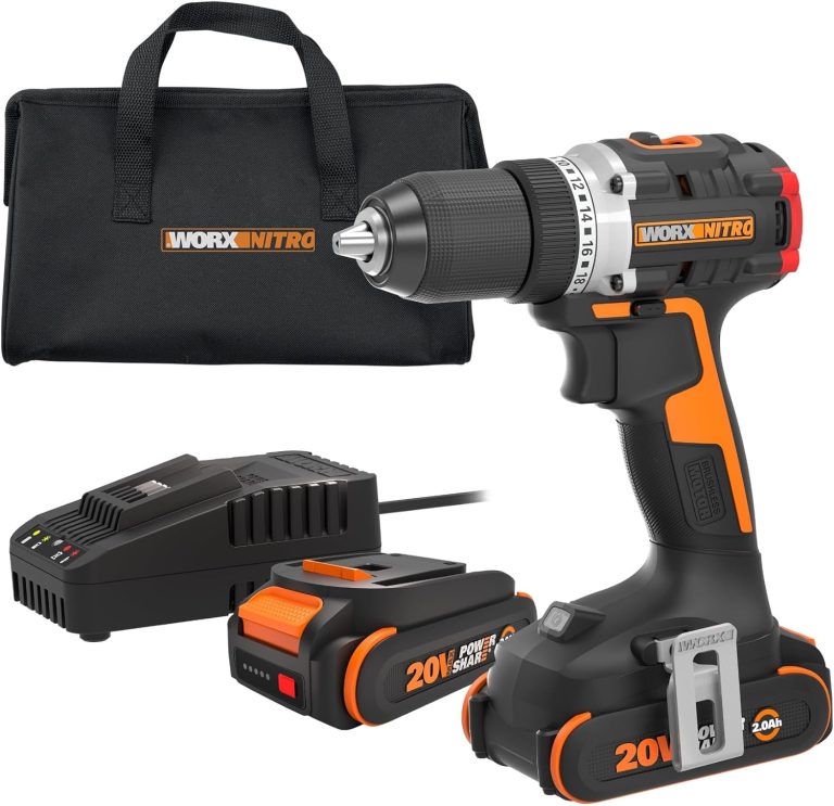 Worx Nitro 20V Cordless 1/2″ Drill Driver with Brushless Motor, Compact & Lightweight Drill Set Only 6″ and 3 lbs., Cordless Drill Power Share Compatible WX130L – Batteries & Charger Included