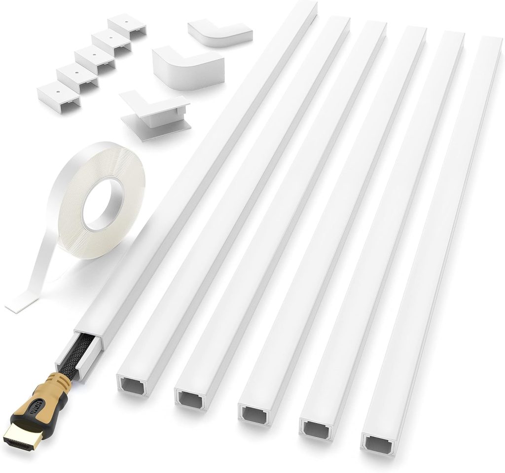 Delamu Cord Hider, 94in Cable Hider, One-Cord Cord Covers for Wall, Paintable Cable Cover Raceway, Wire Hiders for Tv on Wall, Wire Covers for Cords, Cord Cable Management, 6xL15.7 W0.59 H0.4in, White Delamu Cord Hider, 94in Cable Hider, One-Cord Cord Covers for Wall, Paintable Cable Cover Raceway, Wire Hiders for Tv on Wall, Wire Covers for Cords, Cord Cable Management, 6xL15.7 W0.59 H0.4in, White