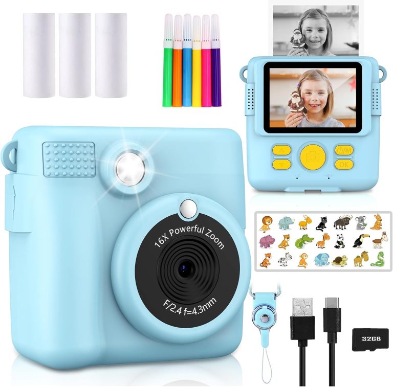 Instant Print Camera for Kids,Christmas Birthday Gifts for Age 3-12 Girls Boys，1080P HD Digital Video Cameras for Toddler,Kids Portable Toy with 3 Rolls Photo Paper，32GB Card-Blue