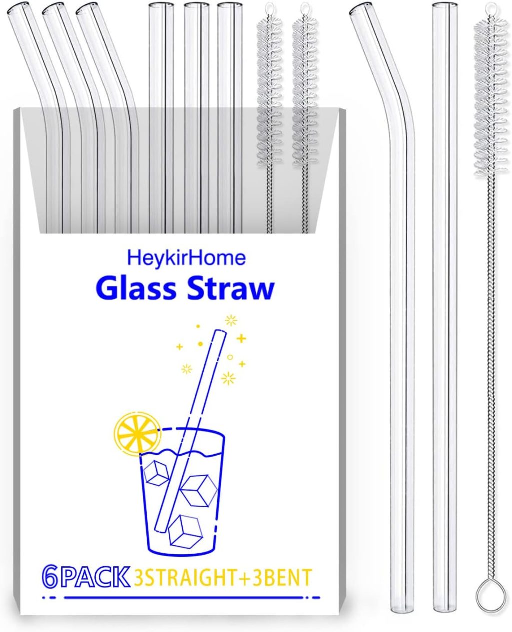 HeykirHome 6-Pack Reusable Glass Straw-Transparent,Size 8”x10 MM,Including 3 Straight and 3 Bent with 2 Cleaning Brush- Perfect For Smoothies, Tea, Juice-Clear HeykirHome 6-Pack Reusable Glass Straw-Transparent,Size 8”x10 MM,Including 3 Straight and 3 Bent with 2 Cleaning Brush- Perfect For Smoothies, Tea, Juice-Clear