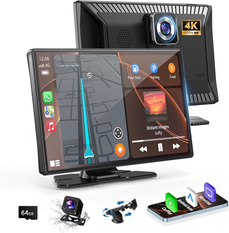 Wireless Portable Carplay Screen for Car, 9″ Wireless CarPlay Screen & Android Auto Screen, Portable Car Stereo with 4K Dash Cam, 1080P Backup Camera, Mirror Link/Navigation/Voice Control/BT/AUX/FM