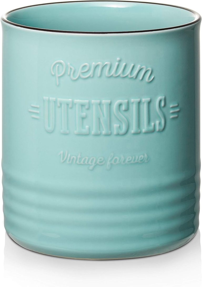 DOWAN 7.2″ Extra Large Kitchen Utensil Holder – Farmhouse Utensil Holder for Countertop – Ceramic Utensil Crock with Protection Cork Mat – Kitchen Decor & Housewarming Gift (Turquoise)
