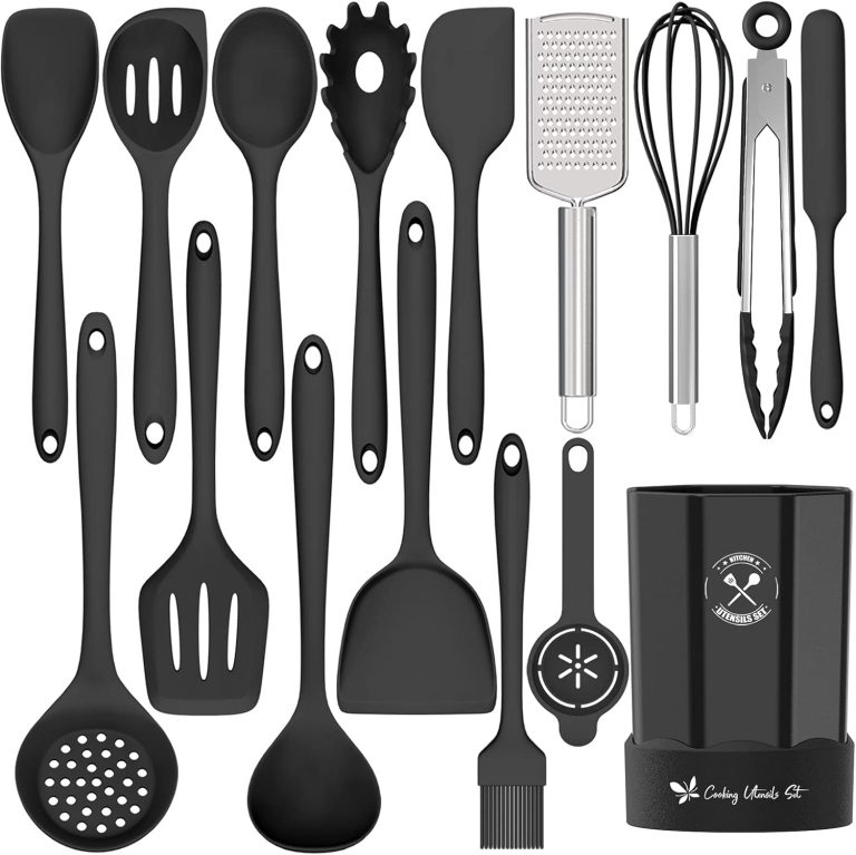 Silicone Kitchen Utensils Set, 16-Piece Silicone Cooking Utensils by Deedro, Heat Resistant Kitchen Tools Set with Holder, Nonstick Spatula Kitchen Gadgets for Cooking & Baking, Black