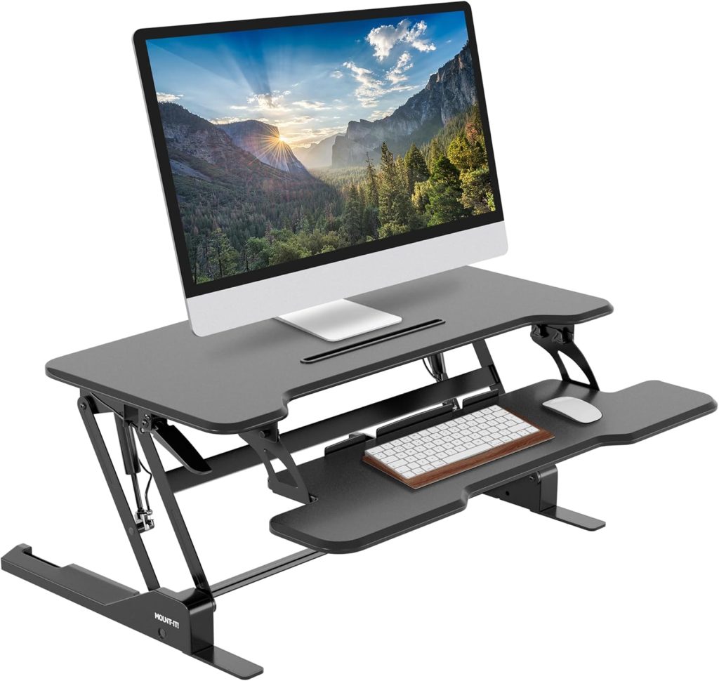 Mount-It! Height Adjustable Standing Desk Converter, 38” Wide, Stand Up Desk Riser for 2 Monitors, Manual Gas Spring Desktop Raises to 16.9″, Fits Two Monitor Screens with Keyboard Mouse Tray in Black Mount-It! Height Adjustable Standing Desk Converter, 38” Wide, Stand Up Desk Riser for 2 Monitors, Manual Gas Spring Desktop Raises to 16.9″, Fits Two Monitor Screens with Keyboard Mouse Tray in Black