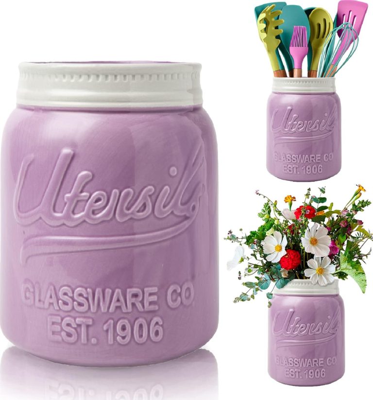 Comfify Wide Mouth Mason Jar Utensil Holder Decorative Kitchenware Organizer Crock, Chip Resistant Ceramic, Dishwasher Safe – Kitchen Caddy Purple, Large Size 7″ High