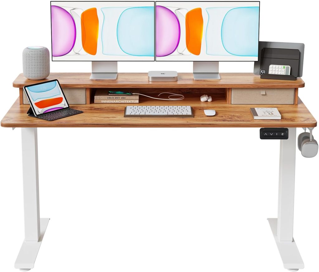 BANTI 55×24 Inch Electric Standing Desk with Double Drawers, Adjustable Height Stand Up Desk, Sit Stand Home Office Desk with Storage Shelf, Light Rustic Brown Top BANTI 55×24 Inch Electric Standing Desk with Double Drawers, Adjustable Height Stand Up Desk, Sit Stand Home Office Desk with Storage Shelf, Light Rustic Brown Top