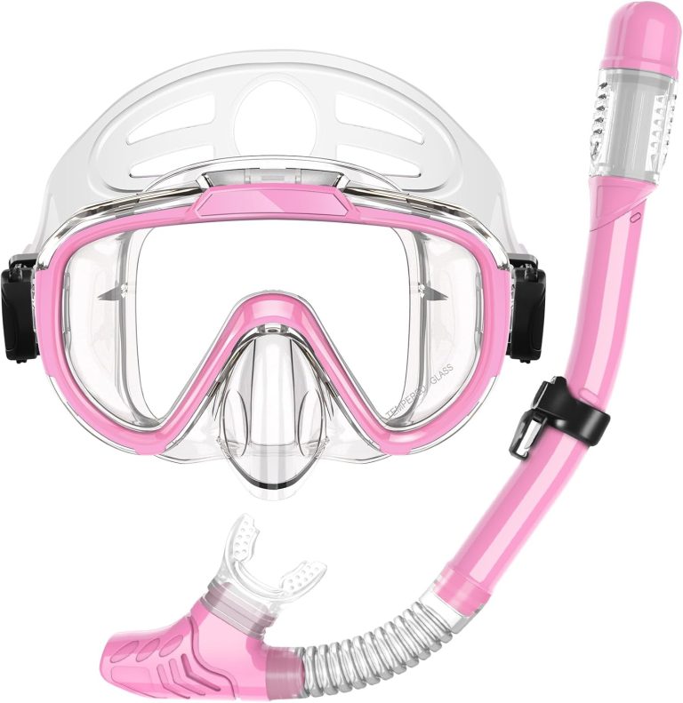 Snorkel Set, Dry Top Snorkeling Gear for Adults, Panoramic Anti-Leak and Anti-Fog Tempered Glass Lens, Adults Adjustable Snorkeling Set, Scuba Diving Swimming Training Snorkel Kit