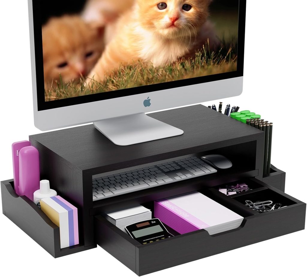 Simple Trending Monitor Stand Riser and Computer Wood Desk Organizer with Drawer and Pen Holder for Laptop, Computer, iMac, Black Simple Trending Monitor Stand Riser and Computer Wood Desk Organizer with Drawer and Pen Holder for Laptop, Computer, iMac, Black