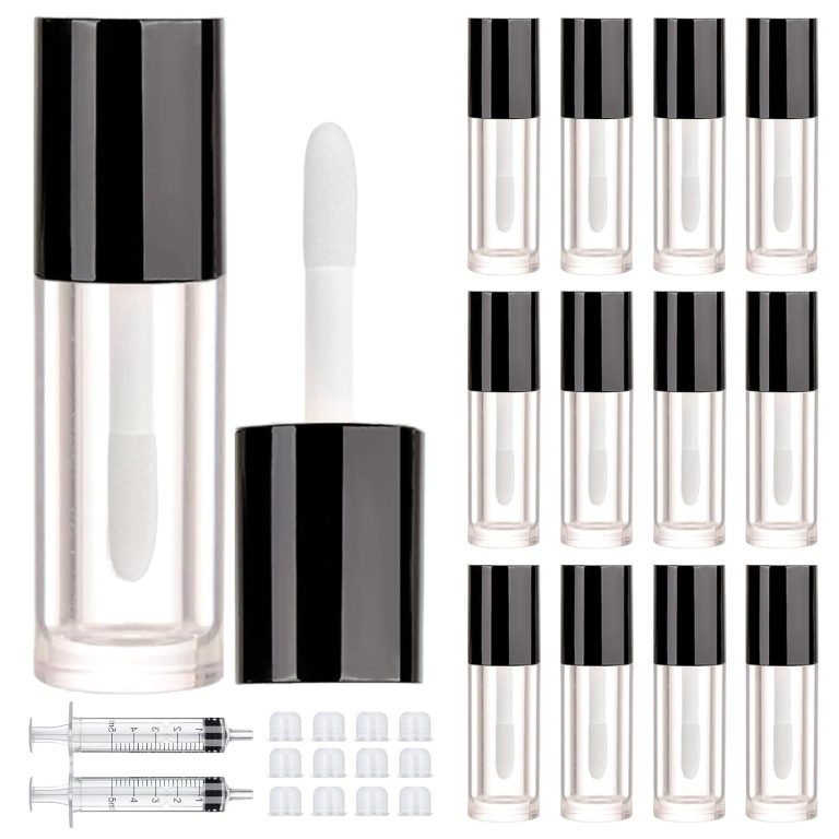 2.5ml 12 PCS Empty Lip Gloss Tubes with Wand Lip Gloss Containers Cute 0.08oz Clear Refillable Lipgloss Making Supplies Kit for DIY Makeup+ 2pcs Syringes (Black)