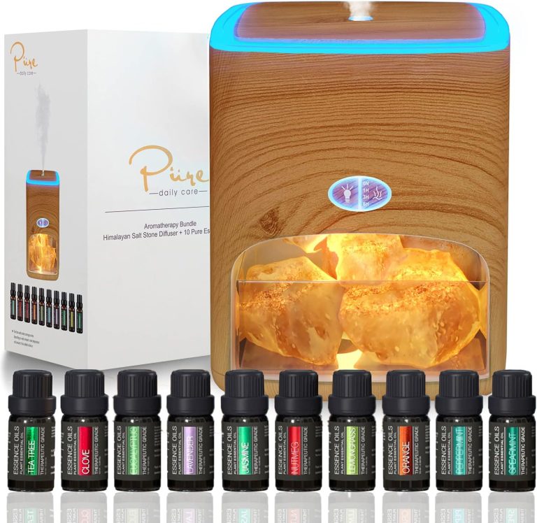 Himalayan Pink Salt Diffuser & 10 Essential Oils – 2-in-1 Therapeutic Device – Aromatherapy & Ionic Himalayan Salt Therapy – 400ml Ultrasonic Vaporizer and Ionizer with Ambient Glow (Light)