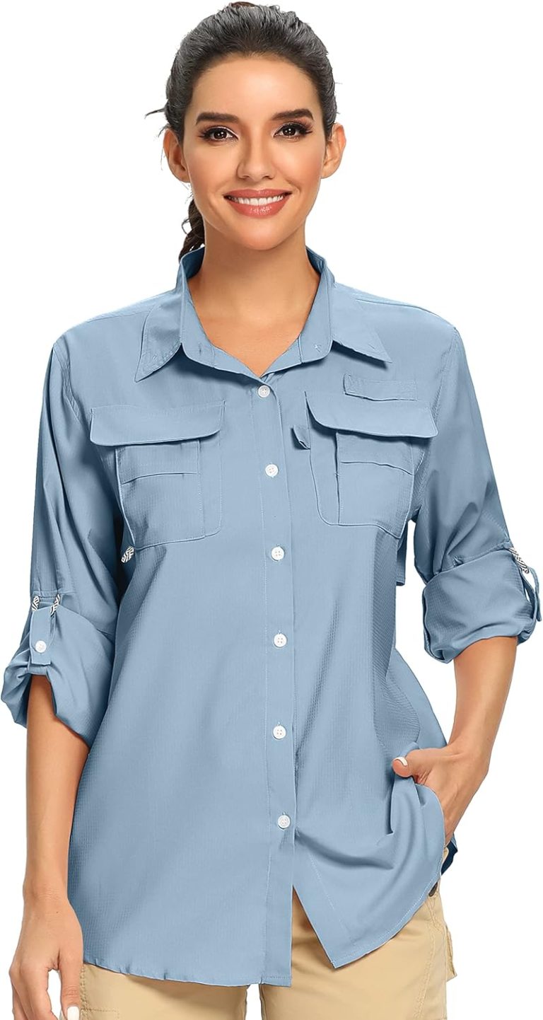Women’s UPF 50+ UV Sun Protection Safari Shirt, Long Sleeve Outdoor Cool Quick Dry Fishing Hiking Gardening Shirts