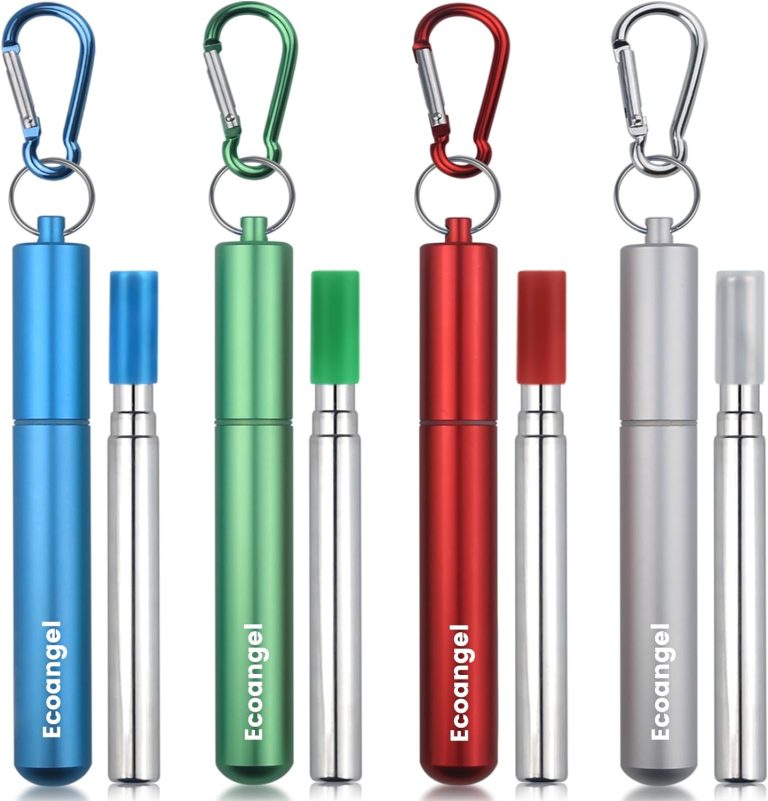 4-Pack Collapsible Stainless Steel Drinking Straws with Aluminum Case, Cleaning Brush, and Keychains – Silver, Blue, Red, Green