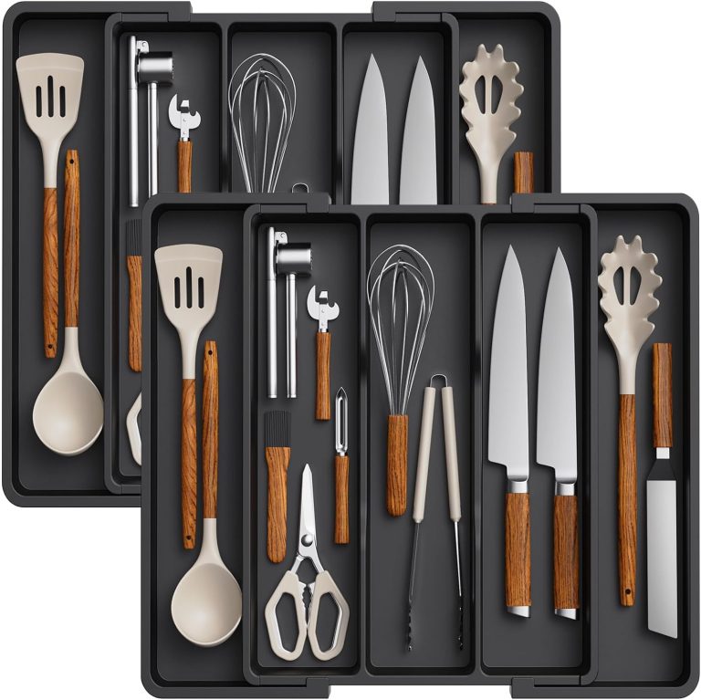 Lifewit Utensil Organizer for Kitchen Drawers, Expandable Cooking Utensil Tray, Adjustable Cutlery Silverware Flatware Holder, Plastic Kitchen Spatula Tools and Gadgets Storage Divider, 2 Pack, Black