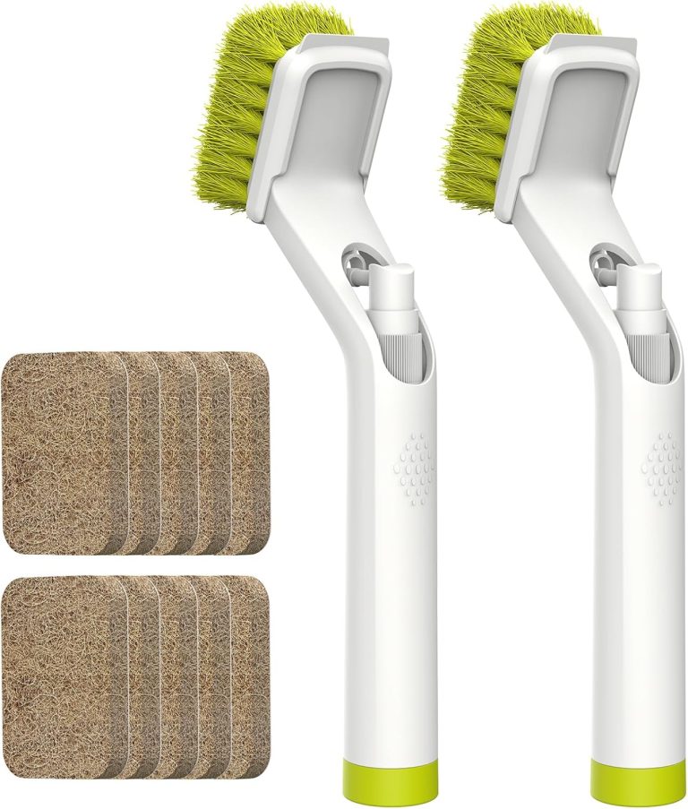 Soap Dispensing Dish Brush with Handle, EHOMGUI Brush Scrubber for Cleaning Dishes, Kitchen, Non-Scratch Kitchen Brush with 10 Natural Fiber Replacement Heads for Pot Pan-Green/White 2Pack