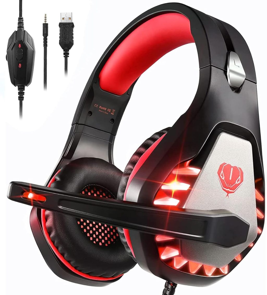 Gaming Headset with Microphone for PC PS4 PS5 Headset Noise Cancelling Gaming Headphones for Laptop Mac Switch Xbox One Headset with LED Lights Deep Bass for Kids Adults Deep Red Gaming Headset with Microphone for PC PS4 PS5 Headset Noise Cancelling Gaming Headphones for Laptop Mac Switch Xbox One Headset with LED Lights Deep Bass for Kids Adults Deep Red