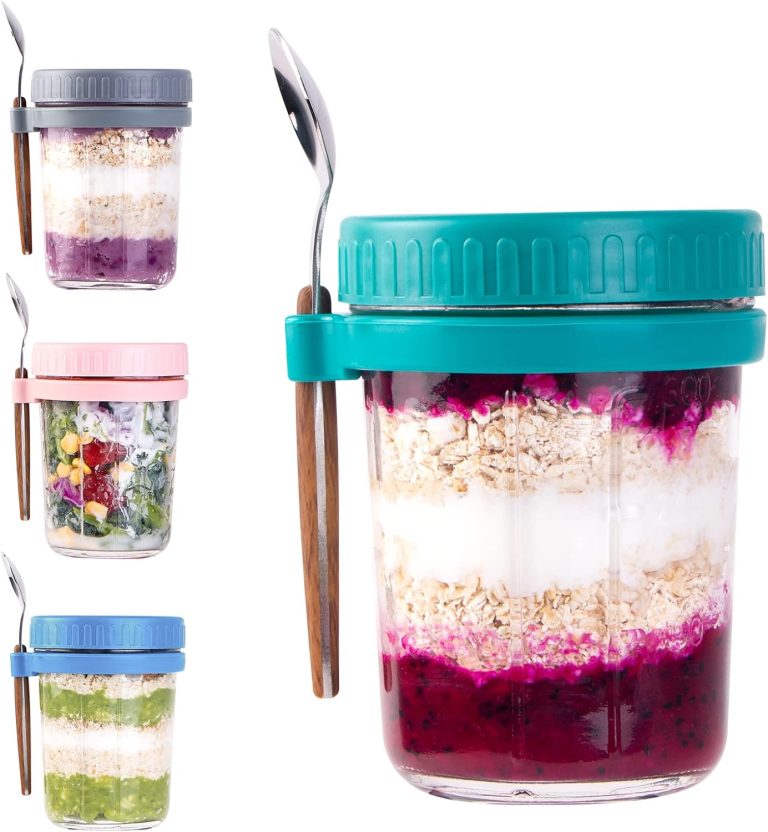 Overnight Oats Containers with Lids and Spoon,Mason Jars,16 Oz Glass Oatmeal Container to Go for Chia Pudding Yogurt Salad Cereal Meal Prep Jars (White,Grey,Purple,Light Green(Pack of 4)
