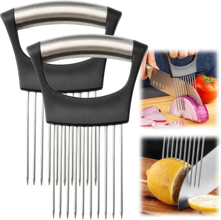 Onion Slice Holder, 2024 New Stainless Steel Onion Holder for Slicing, Chopper Slicing Assistant Tool, Cutter for Slicing of Meat, Onion, Potato, Tomato Kitchen Gadgets (Black, 2 Pack)