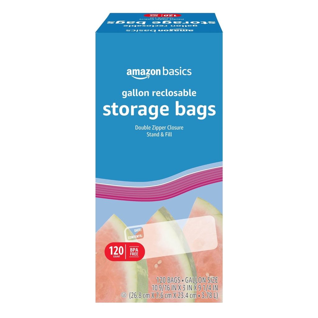 Amazon Basics Reclosable Gallon Food Storage Bags, Stand &Fill Base, 120 Count Amazon Basics Reclosable Gallon Food Storage Bags, Stand &Fill Base, 120 Count