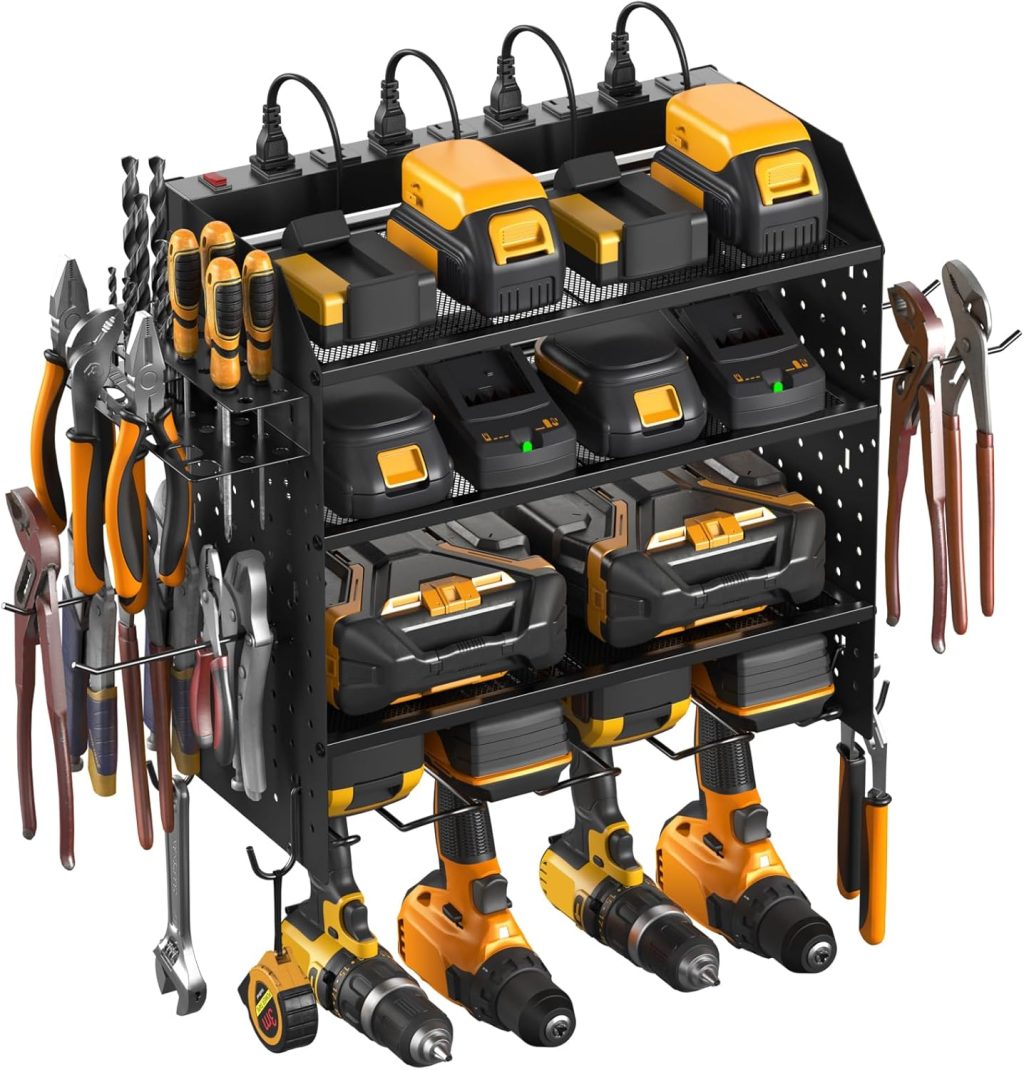 CCCEI Modular Pegboard Rack Power Tool Organizer with Charging Station. 4 Layer Wall Mount Drill Holder, Mechanic Tool Battery Charger Organizer. Garage Shop Storage Utility Shelf with Power Strip. CCCEI Modular Pegboard Rack Power Tool Organizer with Charging Station. 4 Layer Wall Mount Drill Holder, Mechanic Tool Battery Charger Organizer. Garage Shop Storage Utility Shelf with Power Strip.