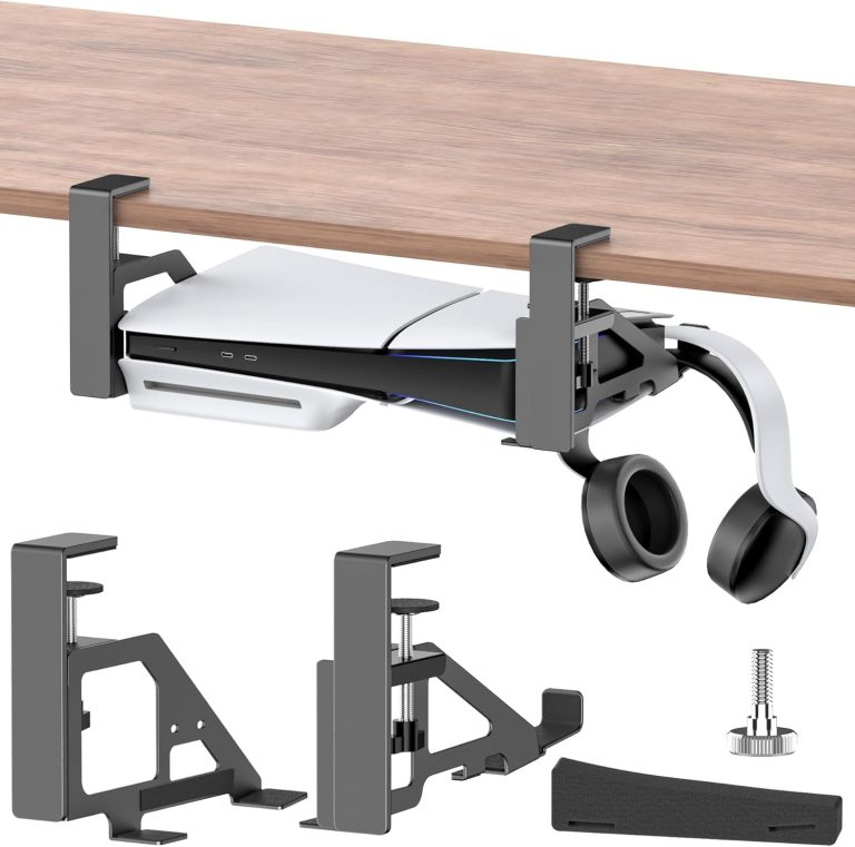 No-Drill PS5/PS5 Slim Under Desk Mount, Metal Under Desk PS5 Mount for PS5 Slim Digital & Disc, PS5 Mount Under Desk with Clamp Mount, Screw and EVA Foam for PS5 Digital Console